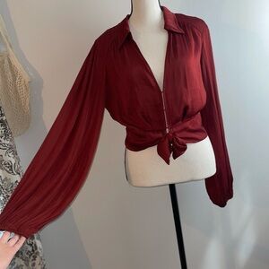 Free People Red Tie Front Long Sleeve Blouse